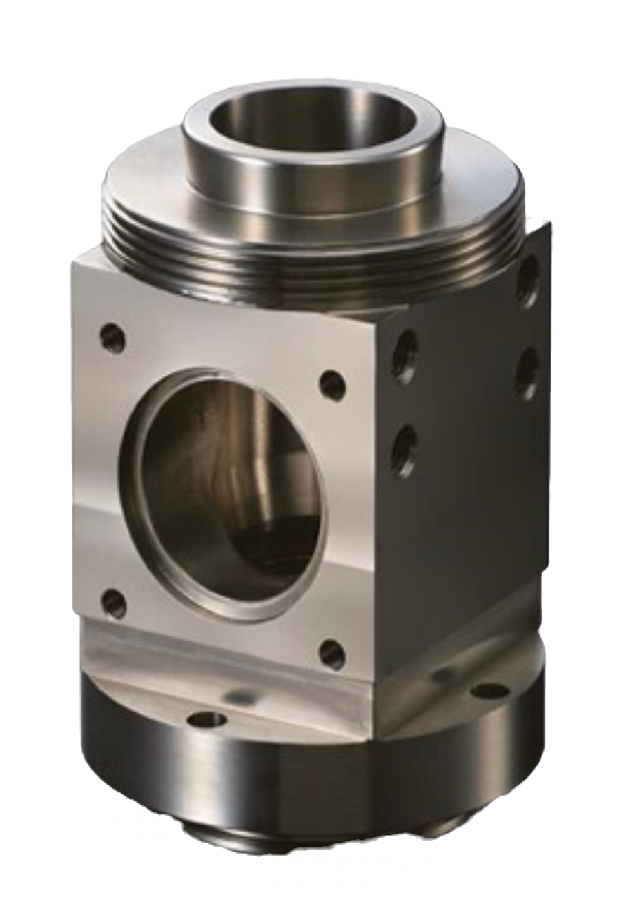 Machined steel hydraulic valve body with cross-drilled porting